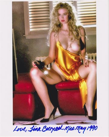 5/90 Playboy Playmate Tina Bockrath Autographed SEXY 8x10, nude in gold slip, seated on red stool