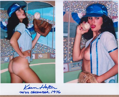 12/76 Playboy Playmate Karen Hafter Autographed SEXY 8x10, double image, Play Ball!