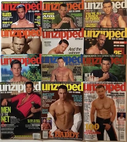 LOT of 12 UNZIPPED vintage gay magazines